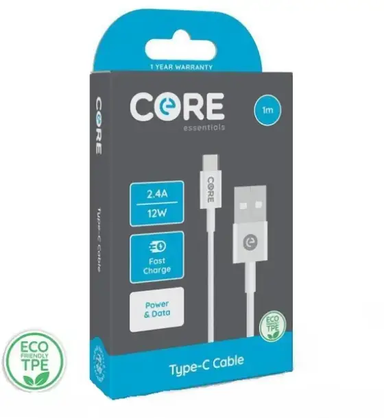 Core Type C Cable 1m TPE White 2.4A/12W Fast Charge